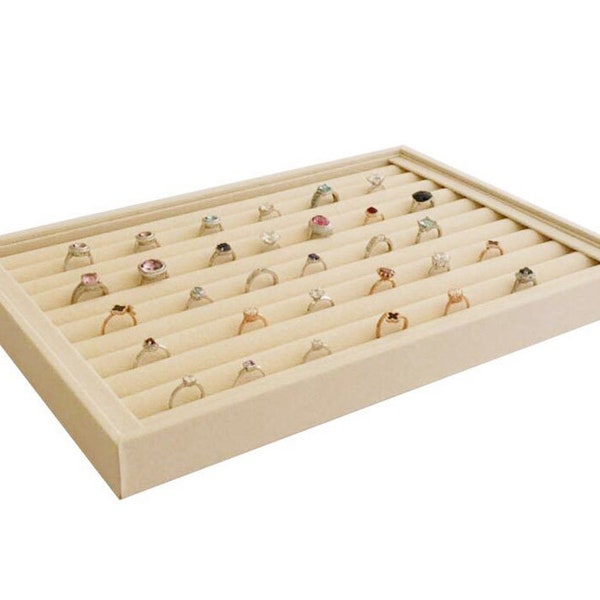 Large Size Beautiful Premium Grade Beige Velvet Ring Case Organizer Box Stackable Jewelry Storage Gem Stones Button Collections Store Home