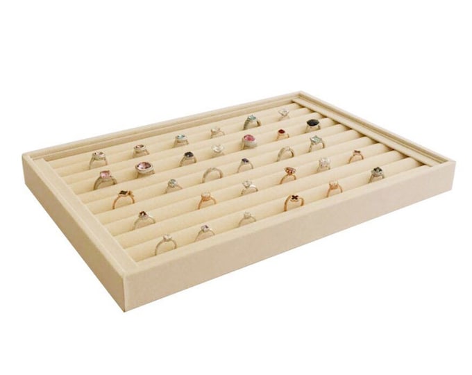 Large Size Beautiful Premium Grade Beige Velvet Ring Case Organizer Box Stackable Jewelry Storage Gem Stones Button Collections Store Home