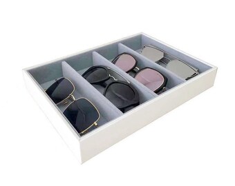 Premium Grade Sunglasses Eyewear Organizer Tray Storage Stackable Design Drawer Divider White PU Leather Exterior Velvet lining