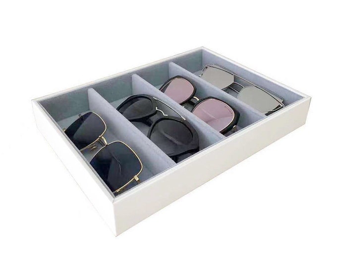 Premium Grade Sunglasses Eyewear Organizer Tray Storage Stackable Design Drawer Divider White PU Leather Exterior Velvet lining