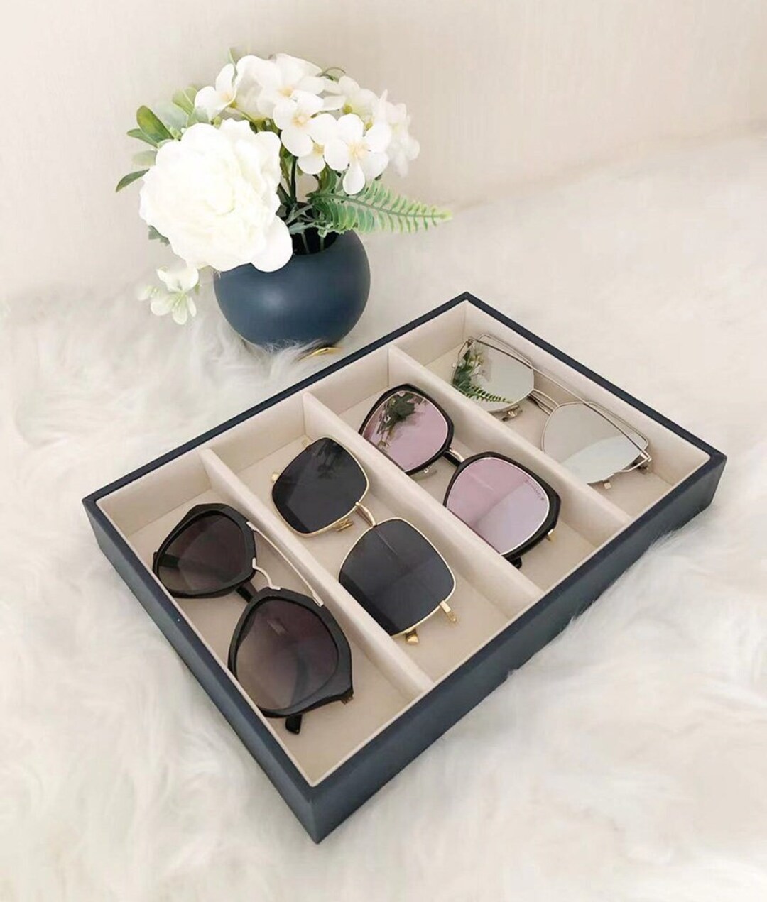 Stackable Sunglasses Trays Eyewear Storage Organizer Premium Quality Dark Blue PU Leather Soft