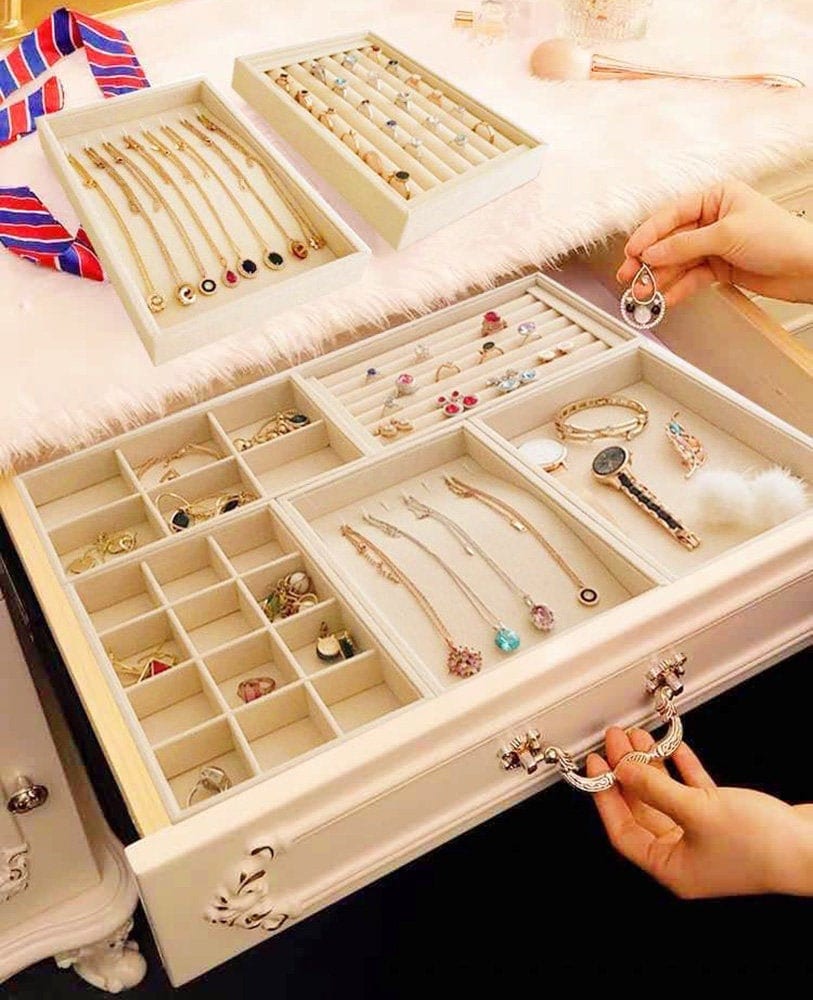 Nwvuop Jewelry Trays Organizer Set Jewelry Storage Display Trays for Drawer Earring Necklace Bracelet Ring Organizer Grey 