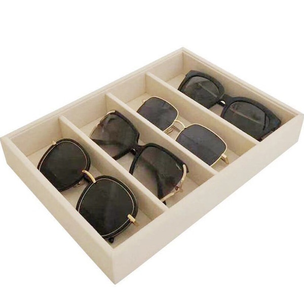 Medium Size 4 Slots Stackable Glasses Tray Organizer Safe Storage Premium Quality Beige Velvet Show Box Neutral Tone Handmade High Quality
