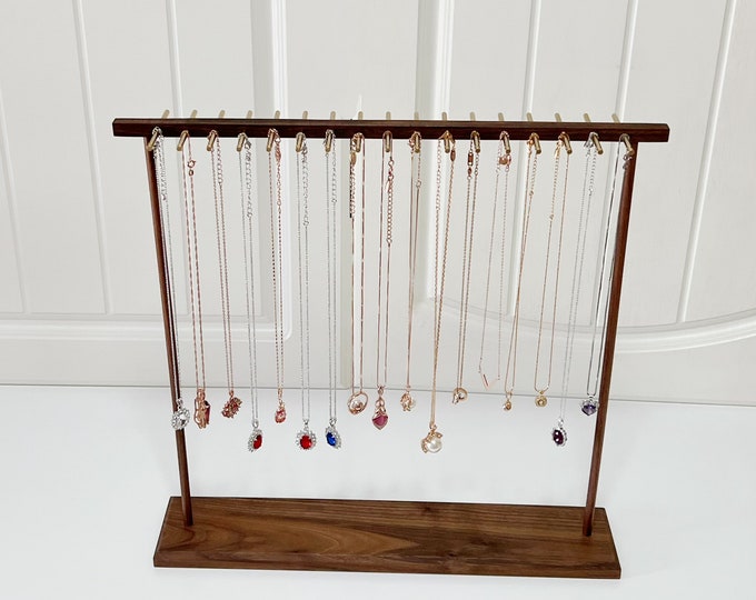 Large Beautiful Practical Pendant Stand Necklace Holder Organizer Double Sided Solid Walnut Wood Polished Brass Jewelry Display Frame