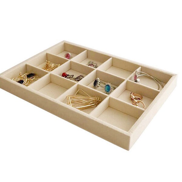 Medium Size 12 Grid Beige Velvet Jewelry Organizer Tray Stackable Drawer Divider with Removable Rearrangeable Compartments Necklaces Rings