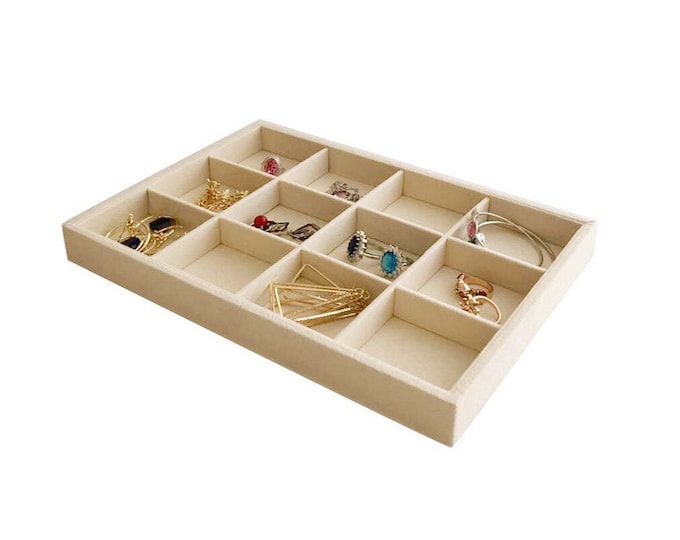 Medium Size 12 Grid Beige Velvet Jewelry Organizer Tray Stackable Drawer Divider with Removable Rearrangeable Compartments Necklaces Rings