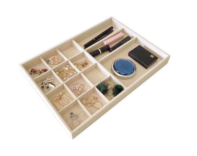 Large Beige Velvet Jewelry Tray 15 Slots Show Storage Organizer Box Premium Grade Material Grids