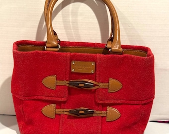 Vintage Kate Spade Quinn Whistler Bag Red Wool Tan Leather Toggle Handbag Purse