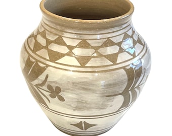 Handcrafted Studio Art Pottery Vase White Slip Stoneware Floral Geometric Signed