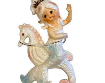 Vintage Lefton Mermaid Riding Seahorse Wall Plaque Figurine Ceramic Rhinestone