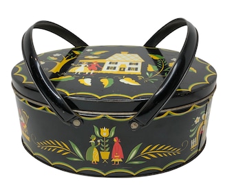 Vintage Tin Litho Box Basket Double Swing Handle Storage Pennsylvania Dutch