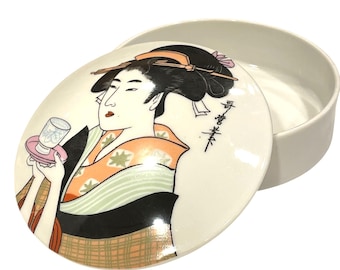 Geisha Girl Trinket Box Royal Crown by Utamaro Porcelain Made In Japan Tea Kyoto