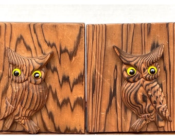 Vintage Pair Owl Bookends Hand Carved Wood Glass Eyes Folk Art Rustic Cabin