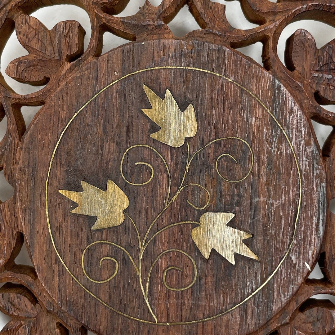 Vintage Hand Carved Wood Trivet India Footed Medallion Boho Set of 2