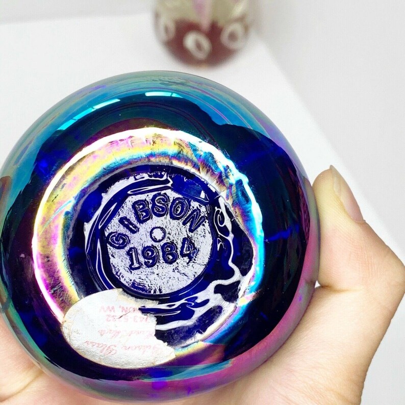 Gibson Glass Paperweight 1984 Marked Iridescent Blue Purple Carnival Indented Etsy