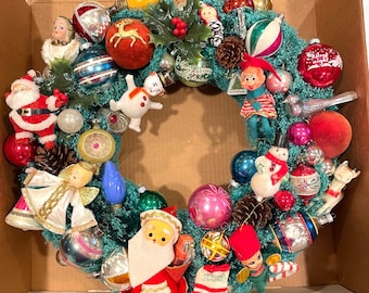 OOAK Upcycled Vintage Fuller Brush Christmas Wreath w/ Ornaments Mercury Glass
