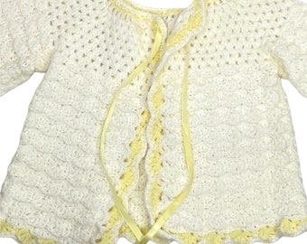 Vintage Handmade Crochet Baby Sweater Infant White Yellow Unisex Girl Boy Soft