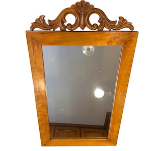 Antique Maple Wood Framed Wall Mirror With Ornate Carved Top Design Vintage