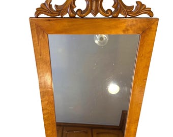 Antique Maple Wood Framed Wall Mirror With Ornate Carved Top Design Vintage