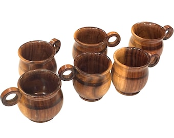 Artisan Made Turned Wood Cups Mugs Set of 6 w/ Circular Handles Polished Rustic