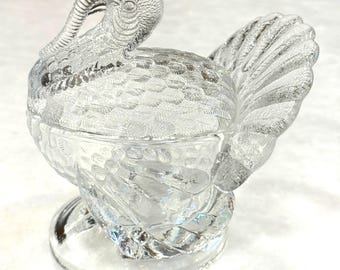 Vintage L.E. Smith Tom Turkey Clear Glass Candy Nut Dish #207 Thanksgiving Marked