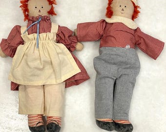 Vintage Handmade Raggedy Ann & Andy Cloth Dolls Set Pair Artisan Made Primitive