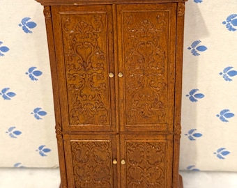 Vintage BESPAQ Dollhouse Miniature Carved Armoire Cabinet Intricate Design Brown