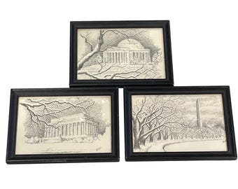 Ink Drawings/Prints Washington D.C. Monuments Landmarks Winter Signed Set of 3 Wood Frames