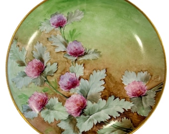 Ginori Italy Hand Painted Porcelain Plate Pink Thistle Floral Gold Rim Signed