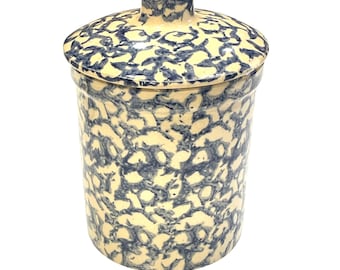 Robinson Ransbottom Stoneware Crock w/ Lid Blue Spongeware 1qt Roseville READ