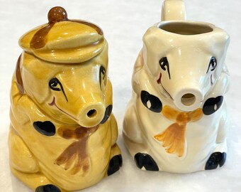 Vintage Anthropomorphic Pig Creamer & Sugar Set Hat Scarves Rare Pair!