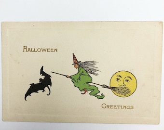 Halloween Greetings Postcard 1913 Gibson Art Witch on Broomstick Bat Full Moon