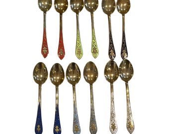 Vintage Siam Royal Demitasse Spoons Brass & Enamel Set of 12 Thailand Green Box