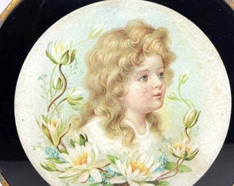 Antique Victorian Flue Cover w/ Girl Child & Water Lilies 8” Round Wall Hanging
