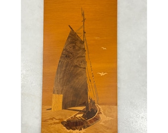 Vintage Handmade Wood Inlay Marquetry Wall Art Karl Suessner Sailboat Boat
