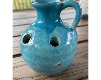 Vintage North State Pottery Jug Flower Frog Vase Blue Drip Glaze Sanford NC