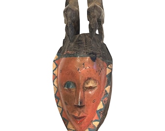 Vintage Ivory Coast African Guro Tribe Wooden Mask Hand-Carved Vibrant Paint