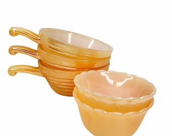 Vintage Fire King Peach Luster Bee Hive 3 Soup Chili Bowls Handles 2 Ramekin Lot