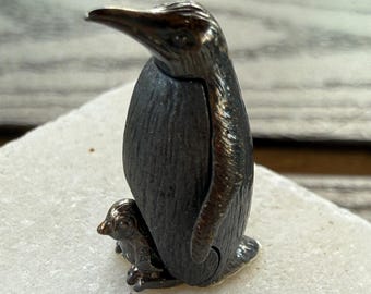 Vintage Gardones Sterling Silver Penguin & Baby Figurine on Raw Marble Base
