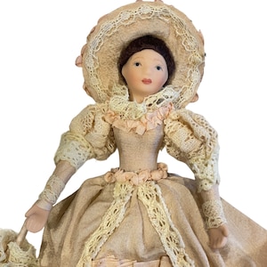 Dollhouse Miniature Victorian Porcelain Doll Lace Dress Bonnet & Parasol 1:12