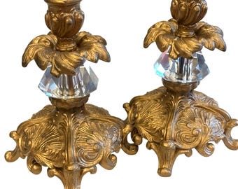 Vintage 1960s Hollywood Regency Gold Brass & Crystal Candlestick Holders - Pair Mold 5264