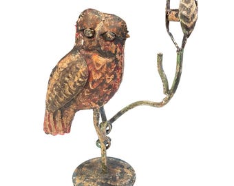 Vintage Brutalist Sculptural Metal Owl Candle Holder Distressed Rustic Patina
