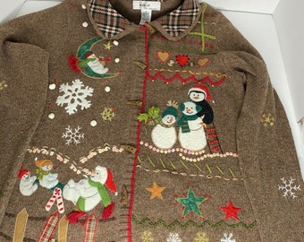 Vintage KIKIT Holiday Not Ugly Christmas Sweater Cardigan Snowmen Snowflakes M
