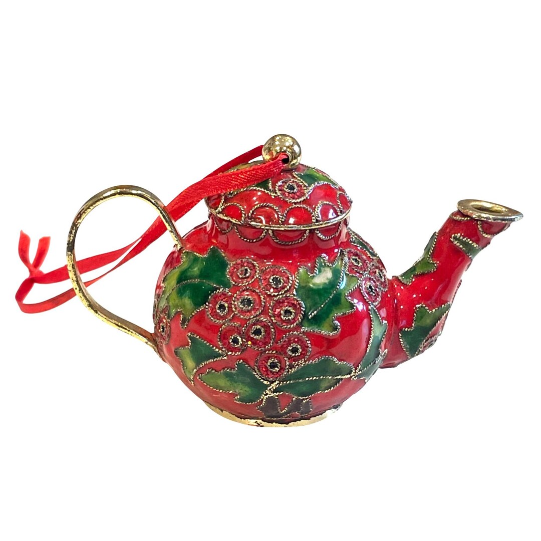 Vintage Cloisonné Teapot Christmas Ornament Red Green Enamel Holly Leaf ...