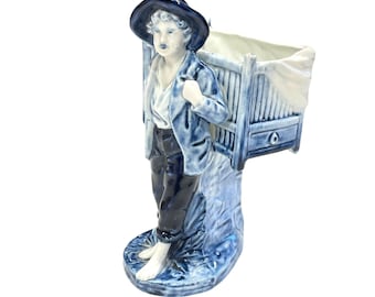 Antique Delft Rauenstein Figurine Boy Carrying Basket Blue & White Porcelain