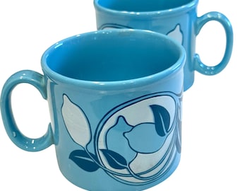 Vintage Staffordshire Potteries Ironstone Mugs Set of 2 Blue Lemons England