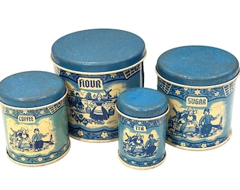 Vintage Wolverine Child’s Toy Canister Set Delft Blue Design Complete Set w/ Lids