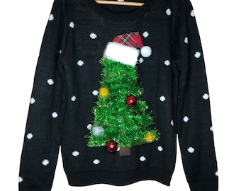 Ugly Christmas Sweater Christmas Tree Wearing Hat Ornaments Black Womens Size XL