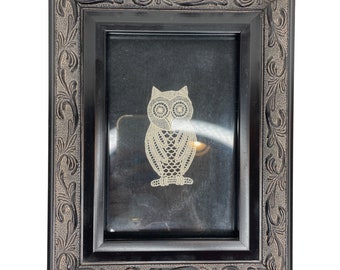 Vintage Handmade Lace Owl in Ornate Black Frame Wall Art Belgium Halloween Decor