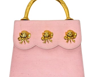 Vintage EDOUARD RAMBAUD Paris Handbag France Pink w/ Gold Handle Rose Detail